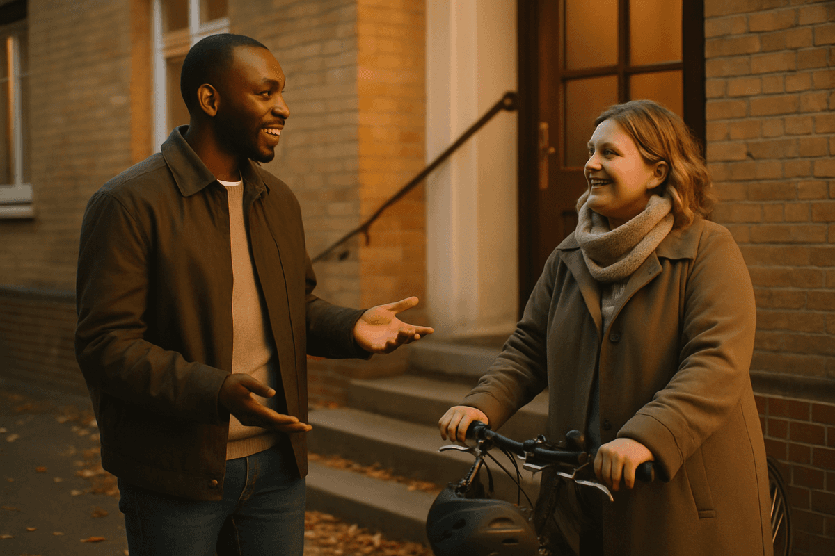 Callum, a Black man in his early thirties, stands on the steps outside their block of flats on an autumn evening asking Yasmin, a white woman around forty holding her bicycle by the handlebars, to come out with him on a specific day.