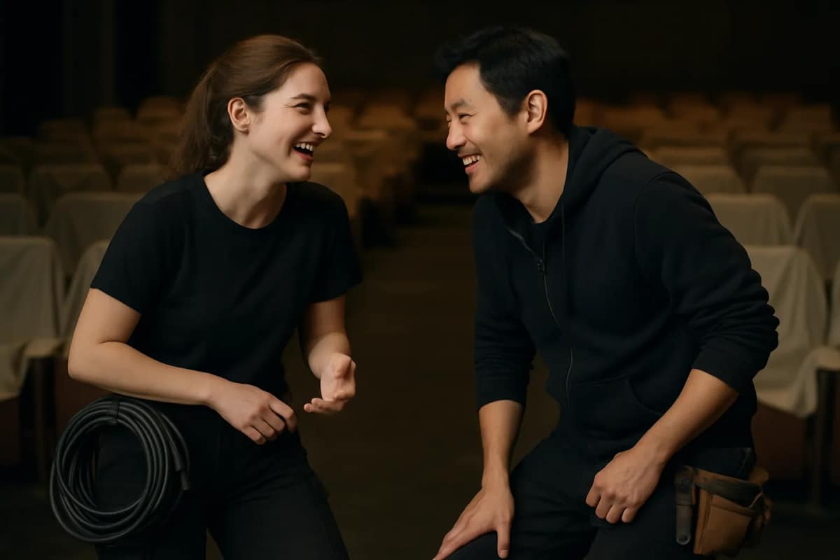 A white woman in her late twenties in stage crew clothes, a cable coiled over her forearm, asks an East Asian man in his mid thirties with a lighting technician's tool pouch out to dinner on the bare stage of a regional theatre late at night, the two of them leaning in close as he grins at her.