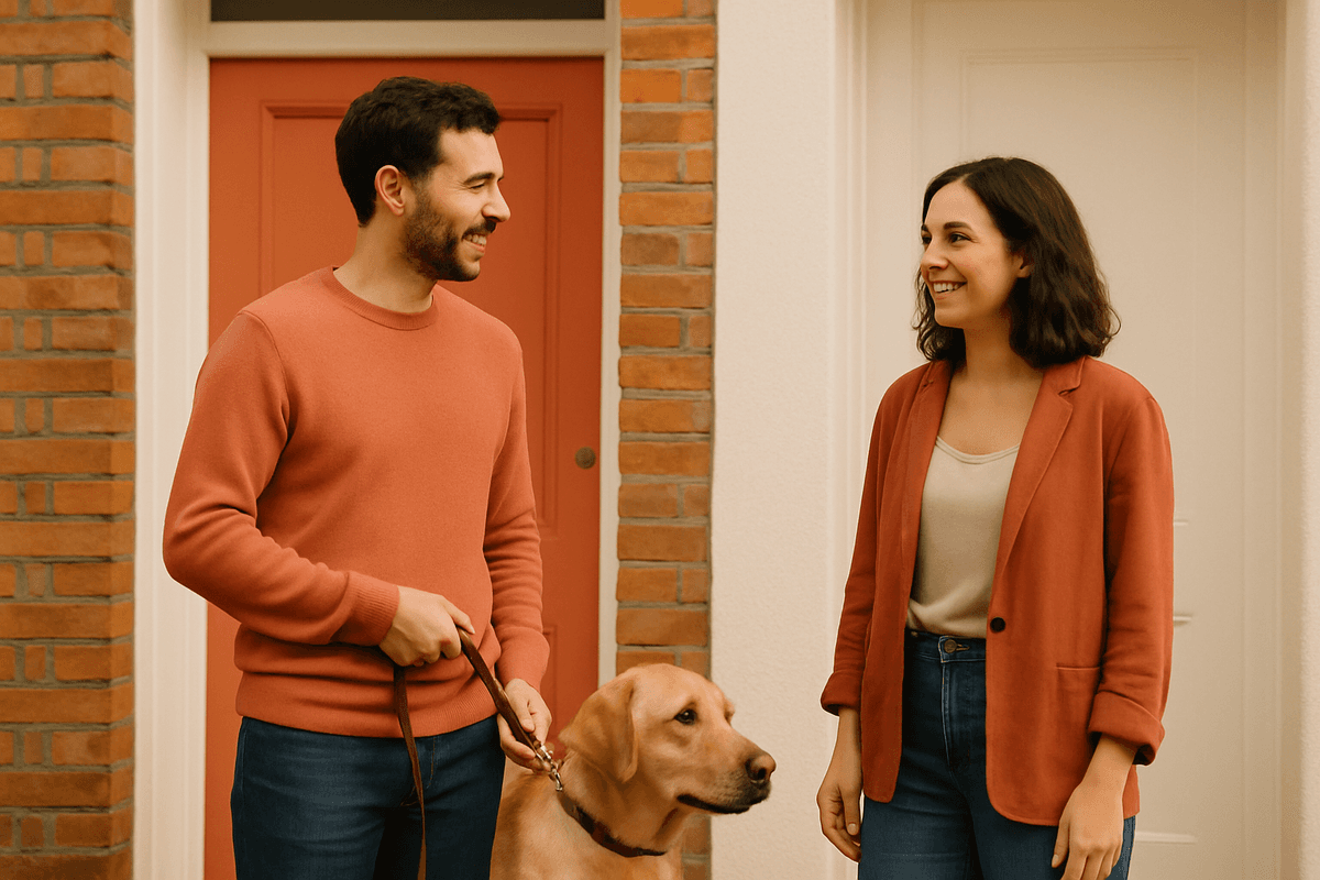 A man and woman stand on a quiet residential street with a dog between them, the man mid-sentence as he makes a clear invitation.