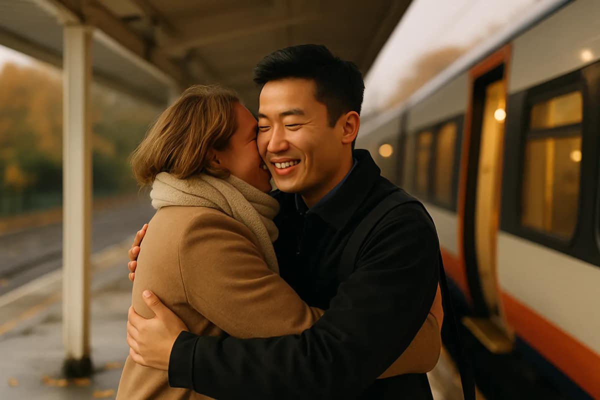 A man in his late twenties waits on a rainy station platform as a woman in her early thirties steps off the train and into his hug, both laughing, arriving for the date they arranged over text.