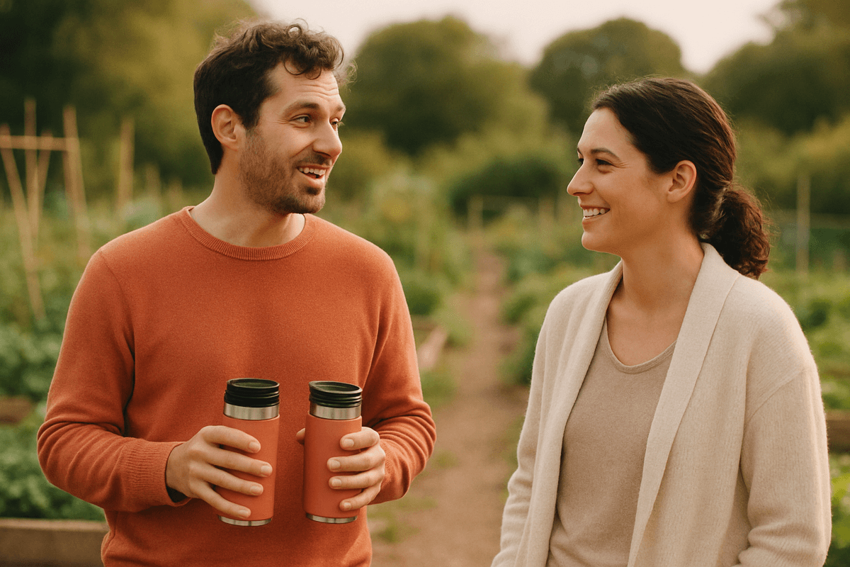 Marcus offers tea to Ana at their community allotment, the moment he asks her to dinner.
