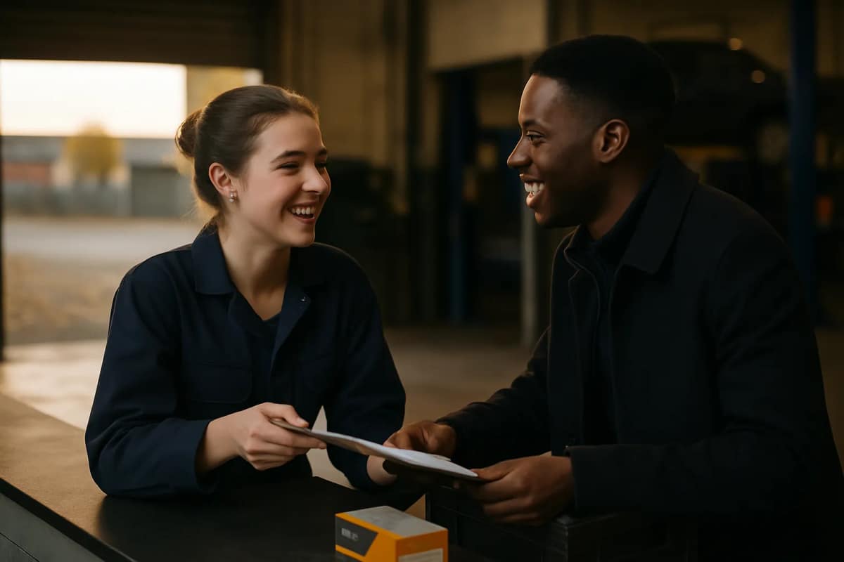 A white woman of nineteen in mechanic's overalls leans across a garage trade counter to ask out a Black man of twenty in a delivery driver's fleece, his empty parts crate set down beside a box of brake pads, the roller door open onto a cold October yard behind him.